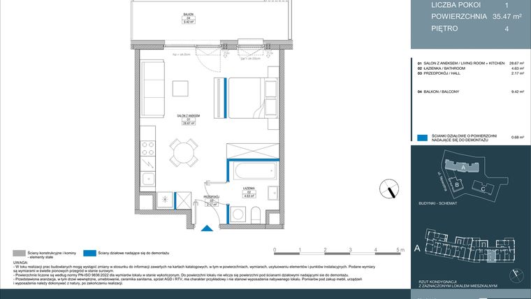 Rzut - Mieszkanie na sprzedaż 1 pokój o powierzchni 35,47 m² - numer A.2.5.3 w Meri Apartamenty