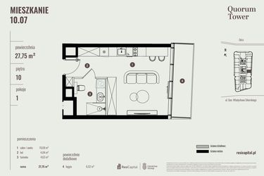 Rzut - Mieszkanie na sprzedaż 1 pokój o powierzchni 27,75 m² - numer 10.07 w Quorum Tower