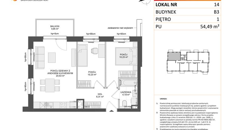 Rzut - Mieszkanie na sprzedaż 3 pokoje o powierzchni 54,49 m² - numer B3.14 w Osiedle Przy Błoniach 3 etap III