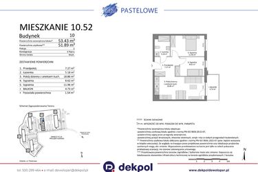 Rzut - Mieszkanie na sprzedaż 3 pokoje o powierzchni 51,89 m² - numer 10.52 w Osiedle Pastelowe etap IV