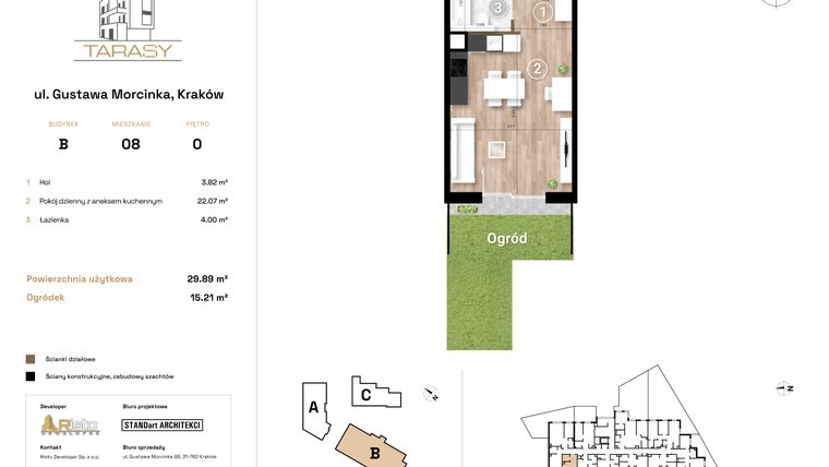 Rzut - Mieszkanie na sprzedaż 1 pokój o powierzchni 29,89 m² - numer B8 w Krzesławickie Tarasy