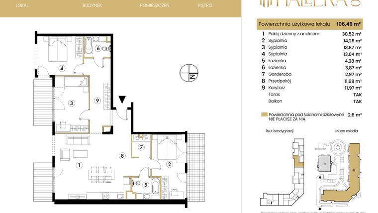 Rzut - Mieszkanie na sprzedaż 4 pokoje o powierzchni 62,77 m² - numer B.05.06 w Hallera 140