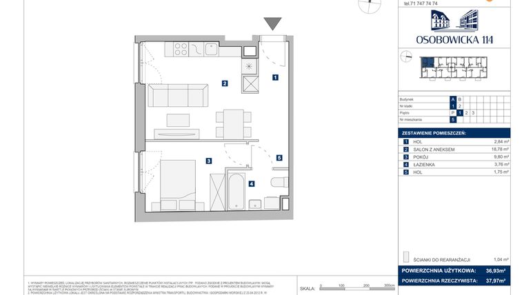 Rzut - Mieszkanie na sprzedaż 2 pokoje o powierzchni 36,93 m² - numer A.5 w Osobowicka 114