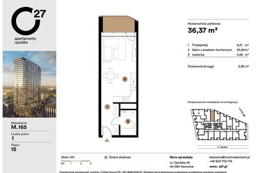 Rzut - Mieszkanie na sprzedaż 1 pokój o powierzchni 36,37 m² - numer M.165 w O27 Apartamenty Opolska
