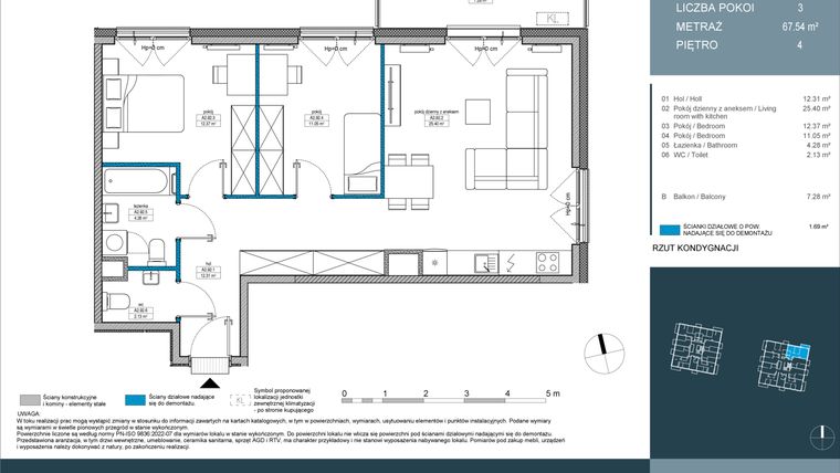 Rzut - Mieszkanie na sprzedaż 3 pokoje o powierzchni 67,5 m² - numer 92 w Nordic Górka Narodowa