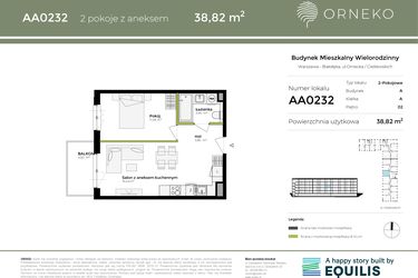 Rzut - Mieszkanie na sprzedaż 2 pokoje o powierzchni 38,83 m² - numer AA0232 w Orneko
