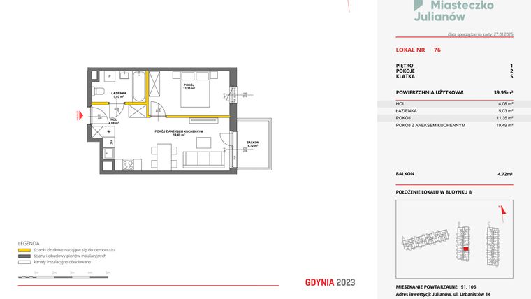 Rzut - Mieszkanie na sprzedaż 2 pokoje o powierzchni 39,87 m² - numer 76 w Miasteczko Julianów