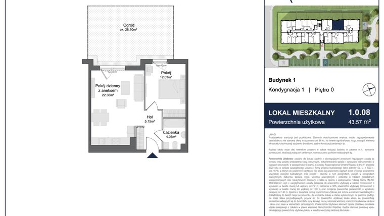 Rzut - Mieszkanie na sprzedaż 2 pokoje o powierzchni 43,57 m² - numer 1.0.08 w Rytelska