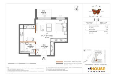 Rzut - Mieszkanie na sprzedaż 1 pokój o powierzchni 43,55 m² - numer B15 w Apartamenty Rusałki