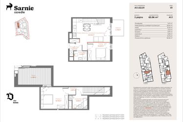 Rzut - Mieszkanie na sprzedaż 3 pokoje o powierzchni 65,96 m² - numer A1.1-02.01 w Sarnie Osiedle