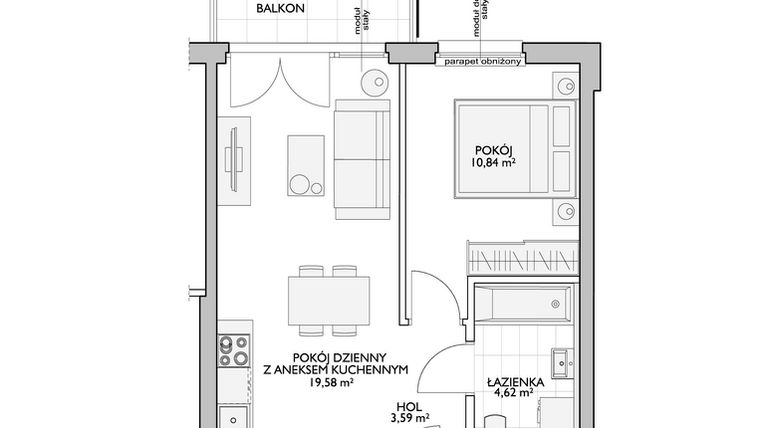 Rzut - Mieszkanie na sprzedaż 2 pokoje o powierzchni 39,72 m² - numer WO/P33/39 w Wiszące Ogrody