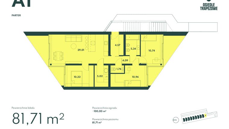 Rzut - Mieszkanie na sprzedaż 3 pokoje o powierzchni 81,71 m² - numer A1 w Osiedle Trapezowe