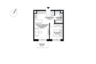 Rzut - Mieszkanie na sprzedaż 2 pokoje o powierzchni 36,81 m² - numer M22 w KWADRAT etap 2