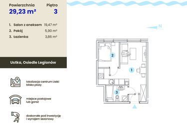 Rzut - Mieszkanie na sprzedaż 1 pokój o powierzchni 29,23 m² - numer 3.1 w Ustka Flow