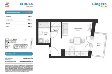Rzut - Mieszkanie na sprzedaż 1 pokój o powierzchni 28,77 m² - numer M III.3.4 w Glogera Bricks