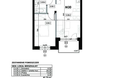 Rzut - Mieszkanie na sprzedaż 2 pokoje o powierzchni 41,75 m² - numer M30 w Miejska Premium II
