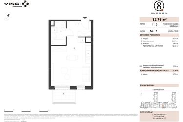 Rzut - Mieszkanie na sprzedaż 1 pokój o powierzchni 32,76 m² - numer A/3/1.2 w Smardzewska 8