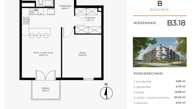Rzut - Mieszkanie na sprzedaż 2 pokoje o powierzchni 48,65 m² - numer B3.18 w Enklawa Bukowa II