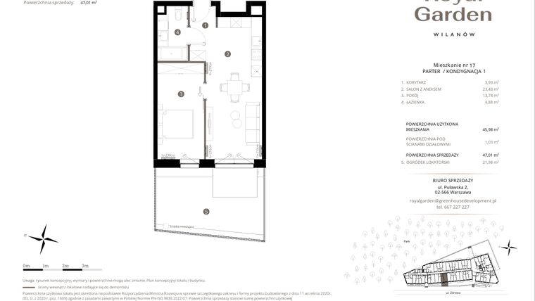 Rzut - Mieszkanie na sprzedaż 2 pokoje o powierzchni 45,98 m² - numer M.17 w Royal Garden Wilanów