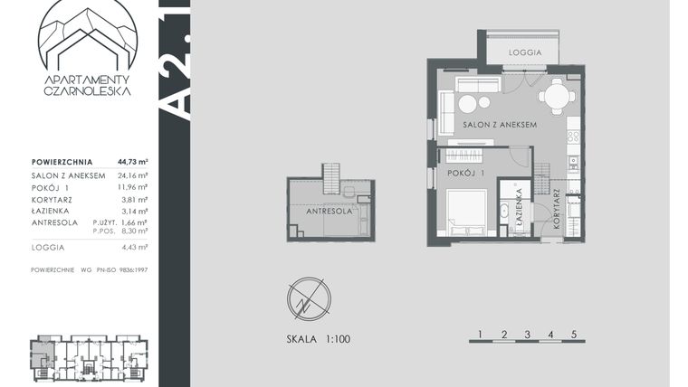 Rzut - Mieszkanie na sprzedaż 2 pokoje o powierzchni 44,73 m² - numer A2.1 w Apartamenty Czarnoleska