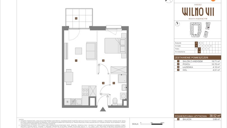Rzut - Mieszkanie na sprzedaż 2 pokoje o powierzchni 38,52 m² - numer A.18 w Osiedle Wilno VII etap 3