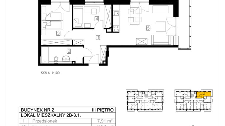 Rzut - Mieszkanie na sprzedaż 3 pokoje o powierzchni 54,66 m² - numer 2B-3.1 w Gardenia Pogodno