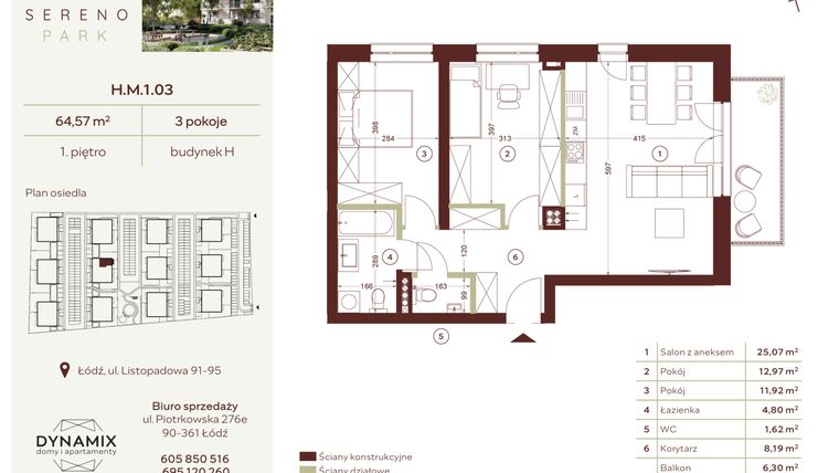 Rzut - Mieszkanie na sprzedaż 3 pokoje o powierzchni 64,57 m² - numer H.M.1.03 w Sereno Park
