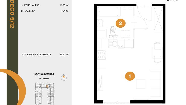 Rzut - Mieszkanie na sprzedaż 1 pokój o powierzchni 26,52 m² - numer 12 w CLOU LINDEGO