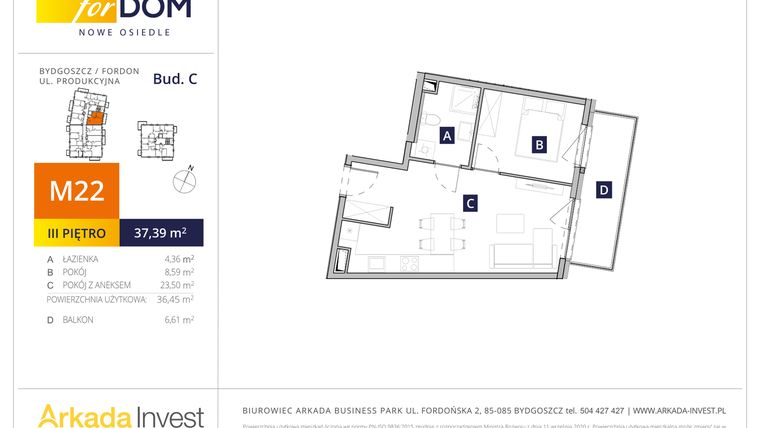 Rzut - Mieszkanie na sprzedaż 2 pokoje o powierzchni 36,42 m² - numer C22 w Osiedle forDOM – etap C