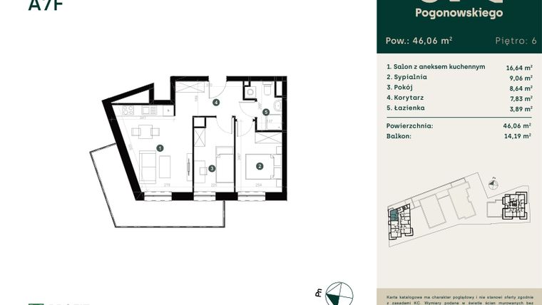 Rzut - Mieszkanie na sprzedaż 3 pokoje o powierzchni 46,22 m² - numer A-7F w Pogonowskiego 73