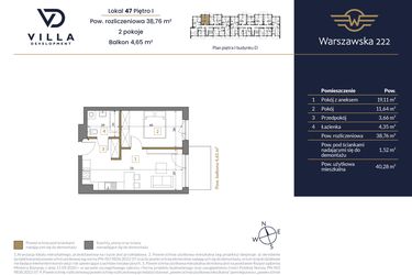 Rzut - Mieszkanie na sprzedaż 2 pokoje o powierzchni 38,76 m² - numer 47 w Warszawska 222 bud. D
