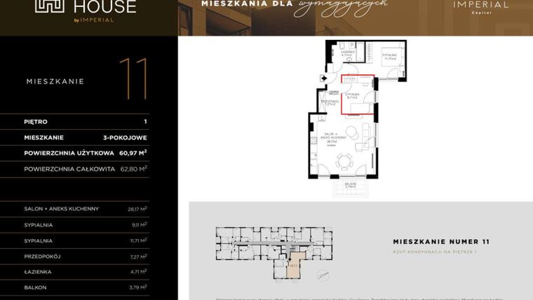 Rzut - Mieszkanie na sprzedaż 3 pokoje o powierzchni 61,09 m² - numer 11 w Kobi HOUSE