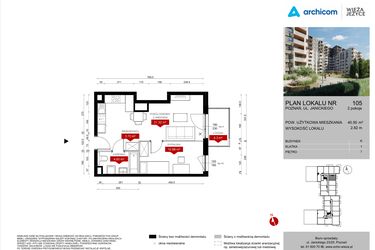 Rzut - Mieszkanie na sprzedaż 2 pokoje o powierzchni 40,5 m² - numer K.105 w Wieża Jeżyce etap V