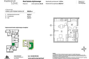 Rzut - Mieszkanie na sprzedaż 1 pokój o powierzchni 29,22 m² - numer BL.22 w Parkove Love - apartamenty inwestycyjne