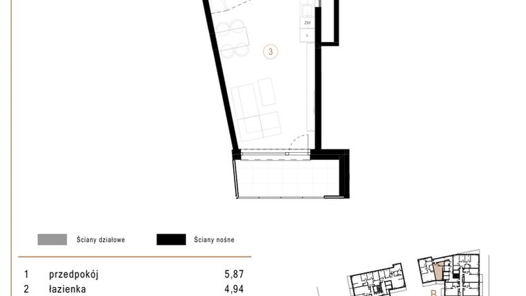 Rzut - Mieszkanie na sprzedaż 1 pokój o powierzchni 33,99 m² - numer B54 w Osiedle Józefowska