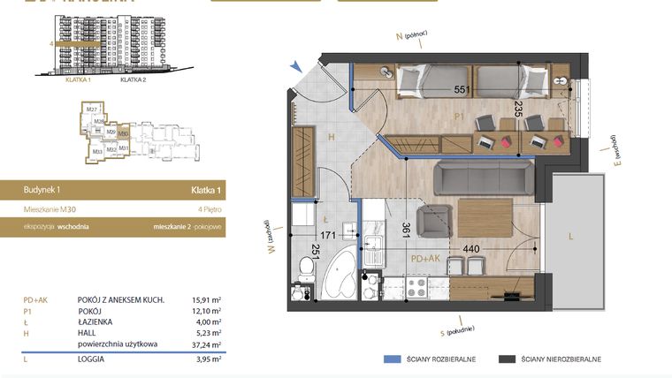 Rzut - Mieszkanie na sprzedaż 2 pokoje o powierzchni 37,24 m² - numer 30 w Osiedle Dakar Karolina