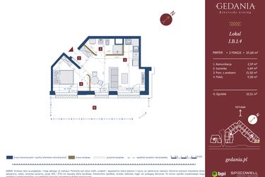 Rzut - Mieszkanie na sprzedaż 2 pokoje o powierzchni 37,6 m² - numer I.B.1.4 w GEDANIA Riverside Living - apartamenty inwestycyjne