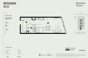 Rzut - Mieszkanie na sprzedaż 1 pokój o powierzchni 43,27 m² - numer 16.12 w Quorum Tower