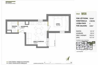 Rzut - Mieszkanie na sprzedaż 2 pokoje o powierzchni 32,43 m² - numer M08 w Międzylesie przy lesie