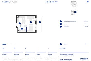 Rzut - Mieszkanie na sprzedaż 1 pokój o powierzchni 29,75 m² - numer B.09 w Osiedle Inverso