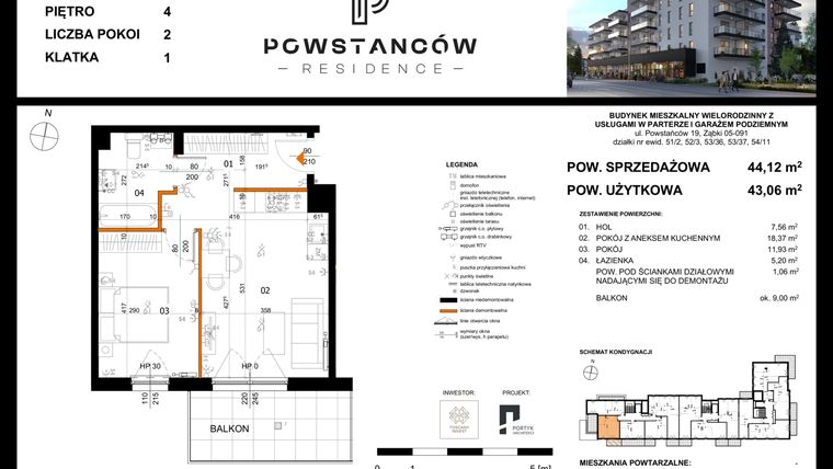 Rzut - Mieszkanie na sprzedaż 2 pokoje o powierzchni 46,09 m² - numer 17 w Powstańców Residence