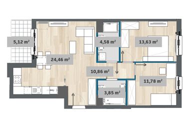 Rzut - Mieszkanie na sprzedaż 3 pokoje o powierzchni 69,12 m² - numer F1.A.02.01 w Sady Żoliborz