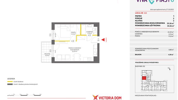 Rzut - Mieszkanie na sprzedaż 2 pokoje o powierzchni 35,26 m² - numer 113 w Viva Piast 6