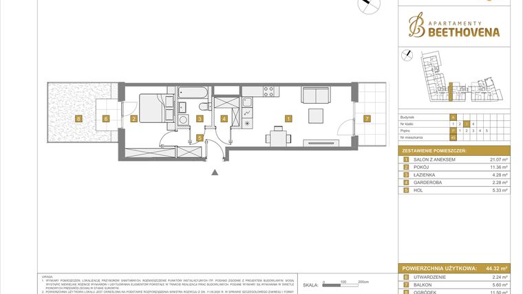 Rzut - Mieszkanie na sprzedaż 2 pokoje o powierzchni 44,32 m² - numer A45 w Apartamenty Beethovena