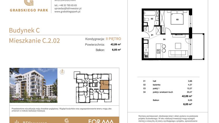 Rzut - Mieszkanie na sprzedaż 2 pokoje o powierzchni 42,09 m² - numer C.2.02 w Grabskiego Park