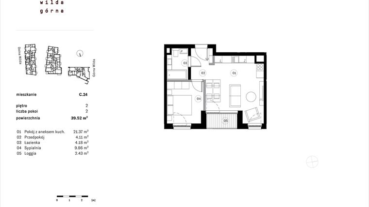Rzut - Mieszkanie na sprzedaż 2 pokoje o powierzchni 39,52 m² - numer C.24 w Dolna Górna Wilda