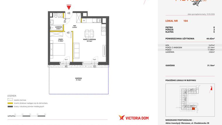Rzut - Mieszkanie na sprzedaż 2 pokoje o powierzchni 44,42 m² - numer 104 w Metro Art 12