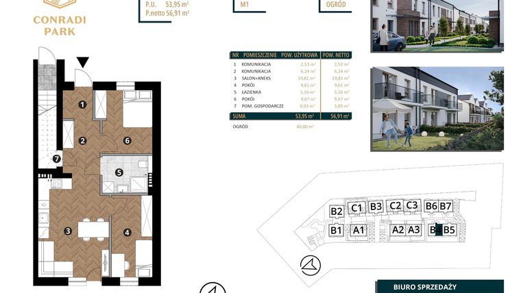 Rzut - Mieszkanie na sprzedaż 3 pokoje o powierzchni 56,83 m² - numer B4.M1 w Conradi Park etap II i III