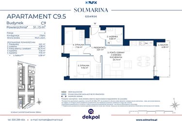 Rzut - Mieszkanie na sprzedaż 3 pokoje o powierzchni 51,15 m² - numer C9.5 w Sol Marina etap III