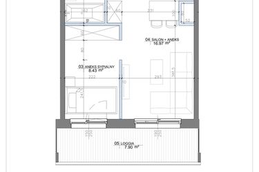 Rzut - Mieszkanie na sprzedaż 2 pokoje o powierzchni 33,46 m² - numer 1.07 w Apartamenty Potulickiego